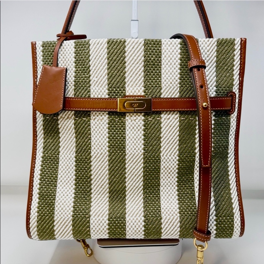 Tory Burch Lee Radziwill NWT Striped Cotton and Linen Twill Double Bag